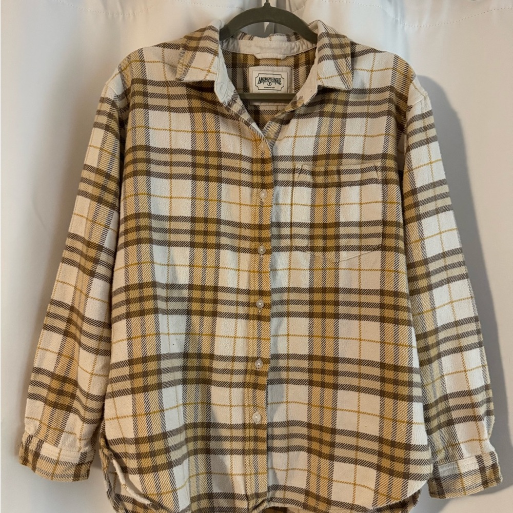 American Eagle Outfitters Tan and Cream Plaid Shirt